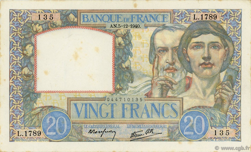 20 Francs TRAVAIL ET SCIENCE FRANKREICH  1940 F.12.10 SS