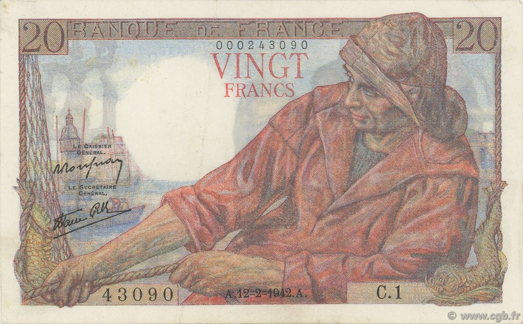 20 Francs PÊCHEUR FRANCE  1942 F.13.01 VF+