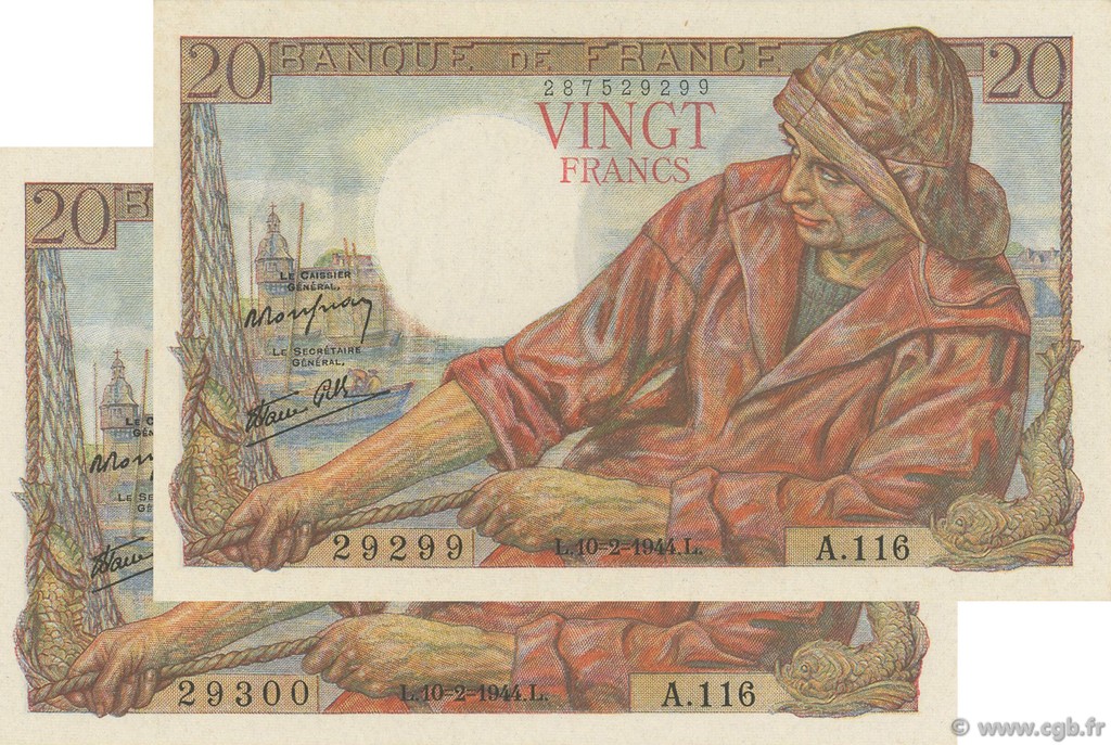 20 Francs PÊCHEUR FRANKREICH  1944 F.13.08 ST
