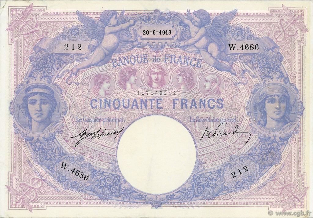 50 Francs BLEU ET ROSE FRANCE  1913 F.14.26 VF+