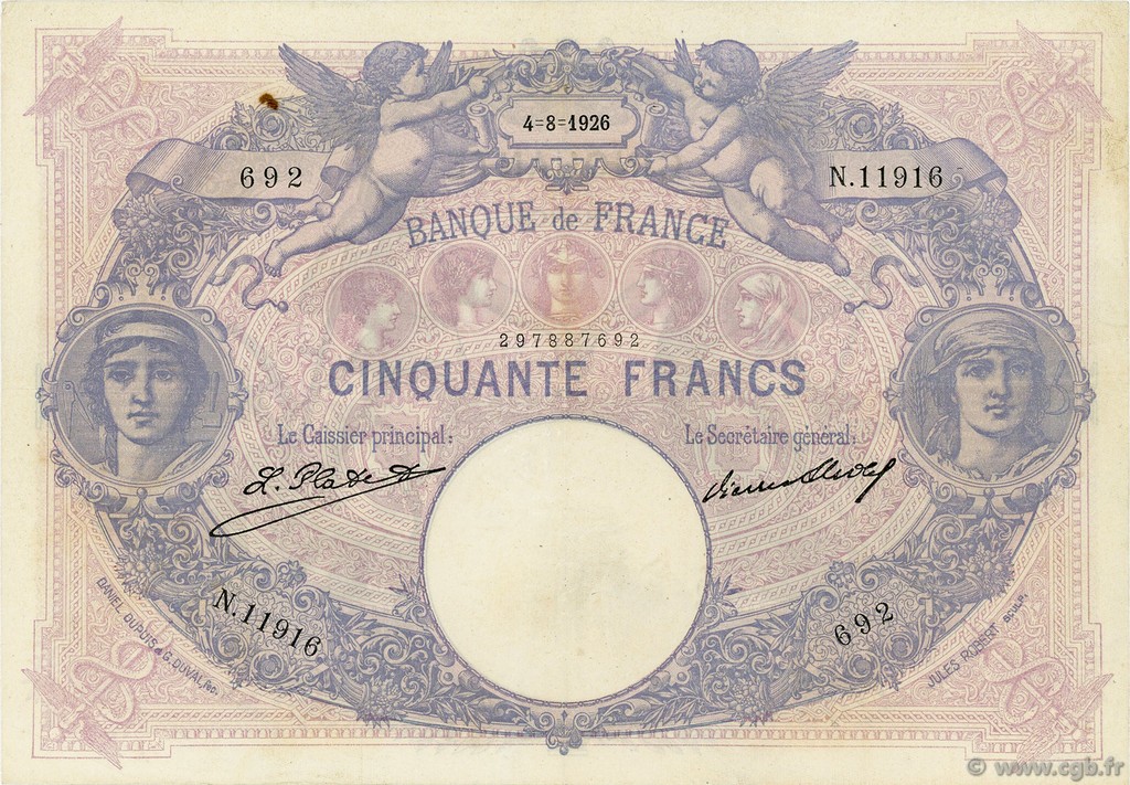 50 Francs BLEU ET ROSE FRANCIA  1926 F.14.39 q.SPL
