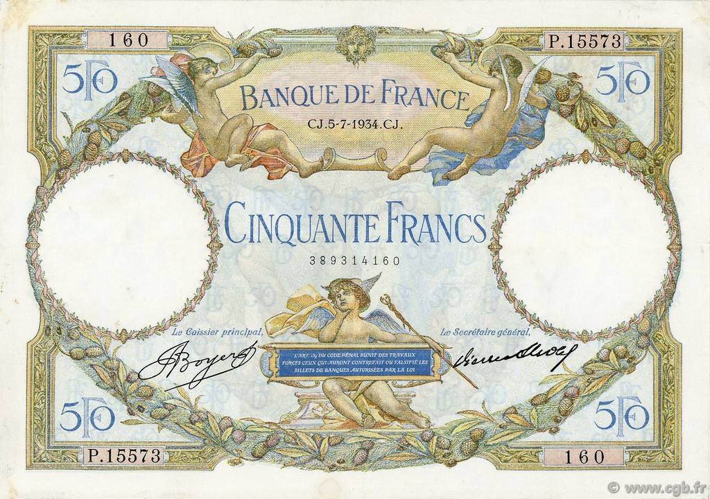 50 Francs LUC OLIVIER MERSON type modifié FRANKREICH  1934 F.16.05 fVZ