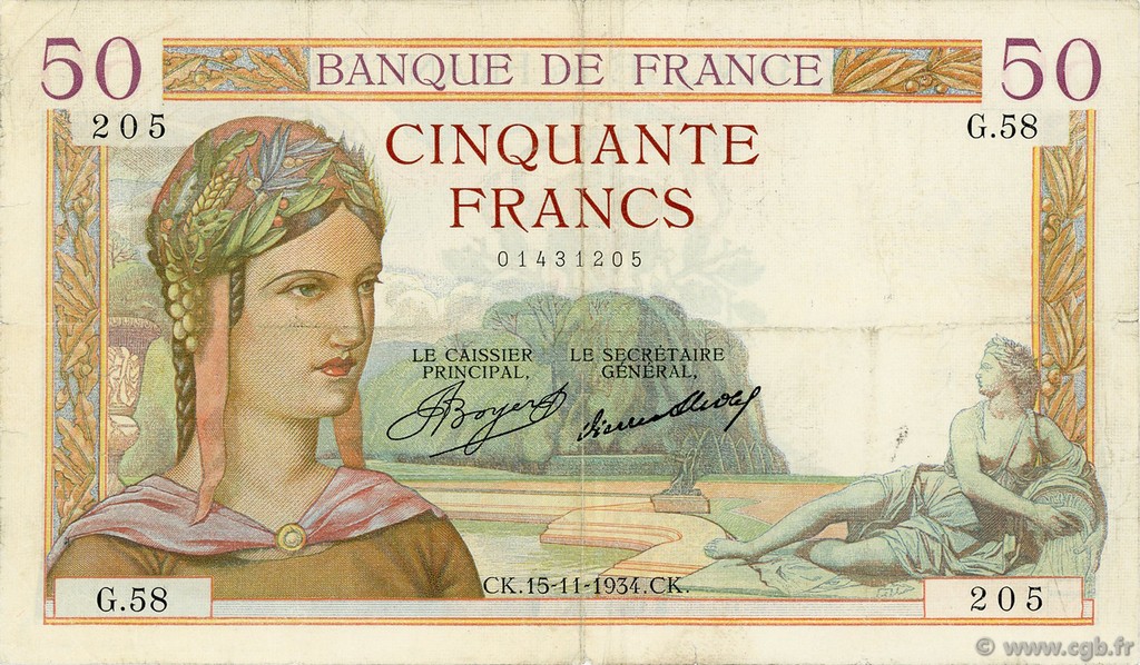 50 Francs CÉRÈS FRANCE  1934 F.17.01 VF-