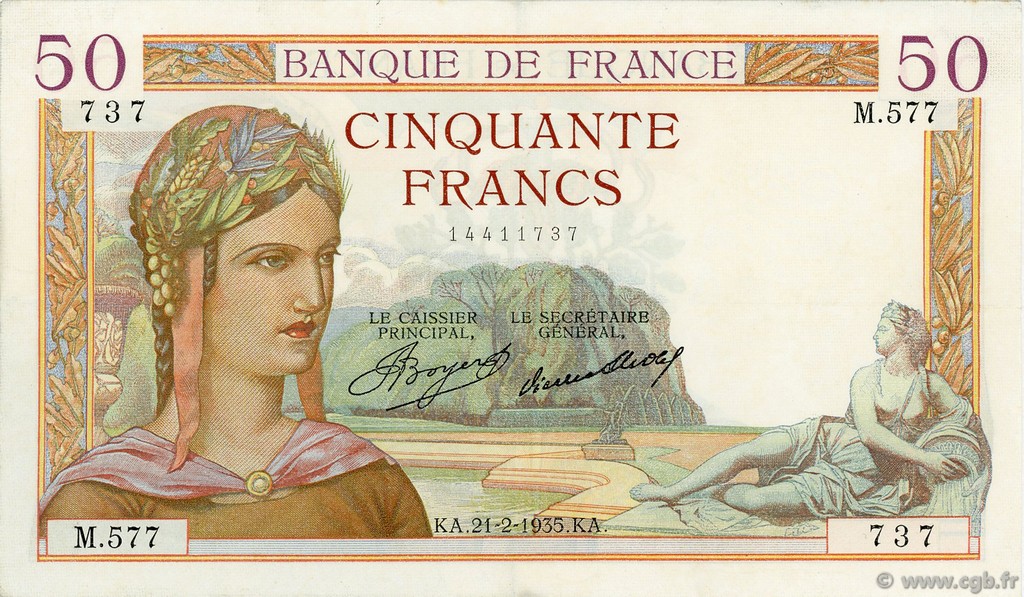 50 Francs CÉRÈS FRANCIA  1935 F.17.04 MBC a EBC