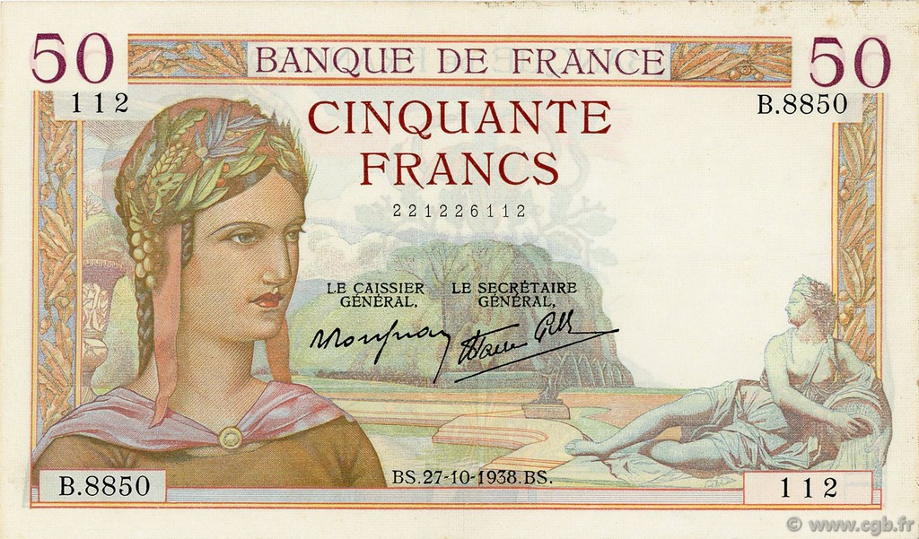 50 Francs CÉRÈS modifié FRANCE  1938 F.18.17 VF+