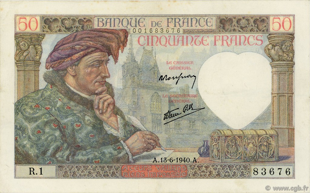50 Francs JACQUES CŒUR FRANCE  1940 F.19.01 VF+