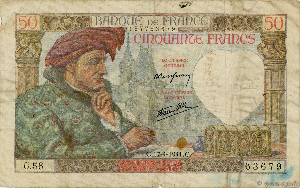 50 Francs JACQUES CŒUR FRANKREICH  1941 F.19.08 fS