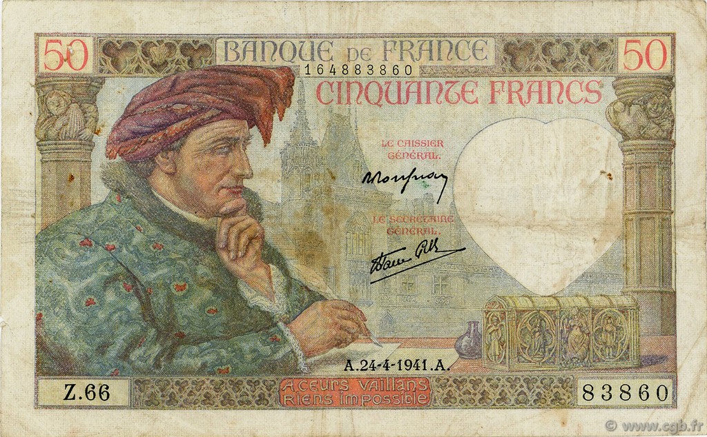 50 Francs JACQUES CŒUR FRANCE  1941 F.19.09 F