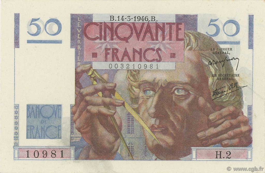 50 Francs LE VERRIER FRANKREICH  1946 F.20.01 VZ to fST