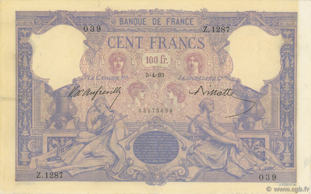 100 Francs BLEU ET ROSE FRANCIA  1893 F.21.06 q.SPL
