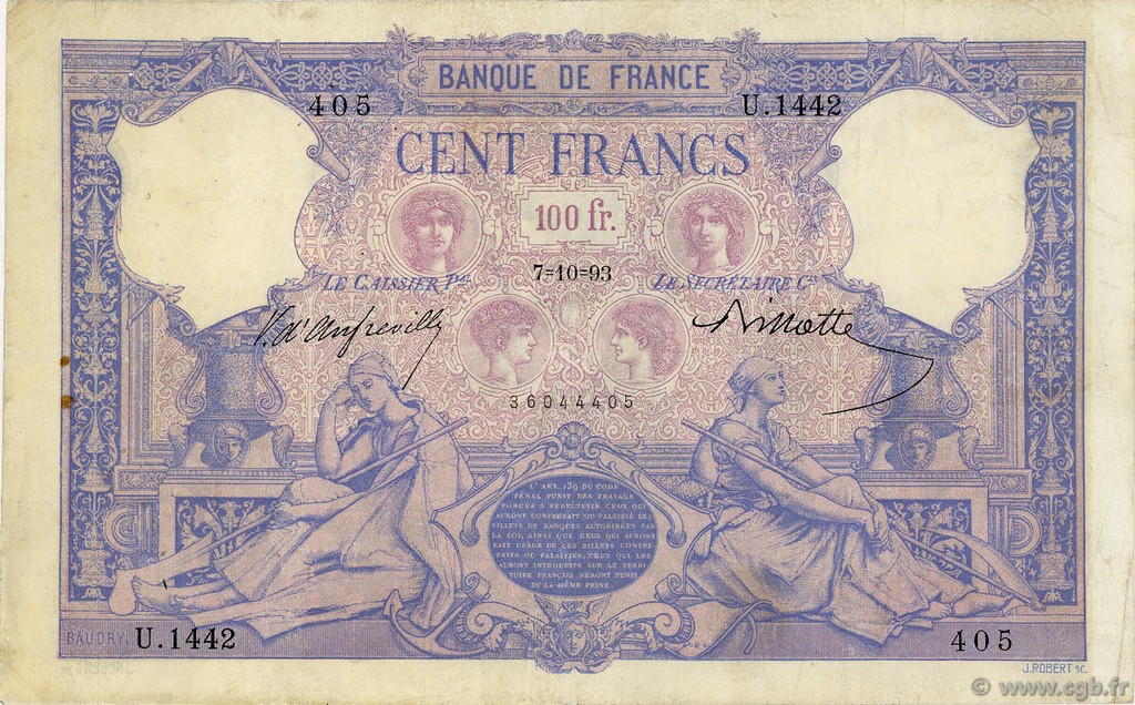 100 Francs BLEU ET ROSE FRANCIA  1893 F.21.06 BC