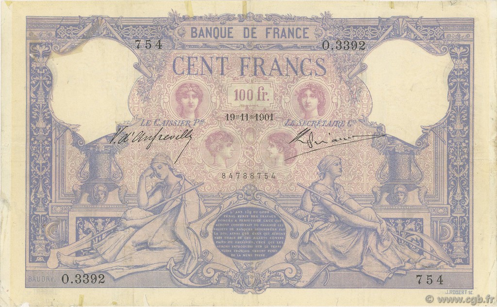 100 Francs BLEU ET ROSE FRANCIA  1901 F.21.15 q.BB
