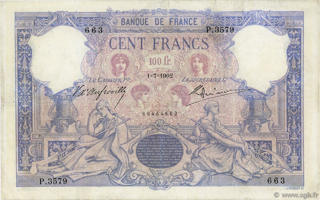 100 Francs BLEU ET ROSE FRANCIA  1902 F.21.16 B a MB