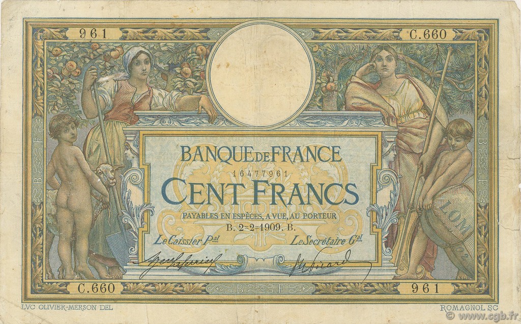 100 Francs LUC OLIVIER MERSON avec LOM FRANKREICH  1909 F.22.02 SGE to S