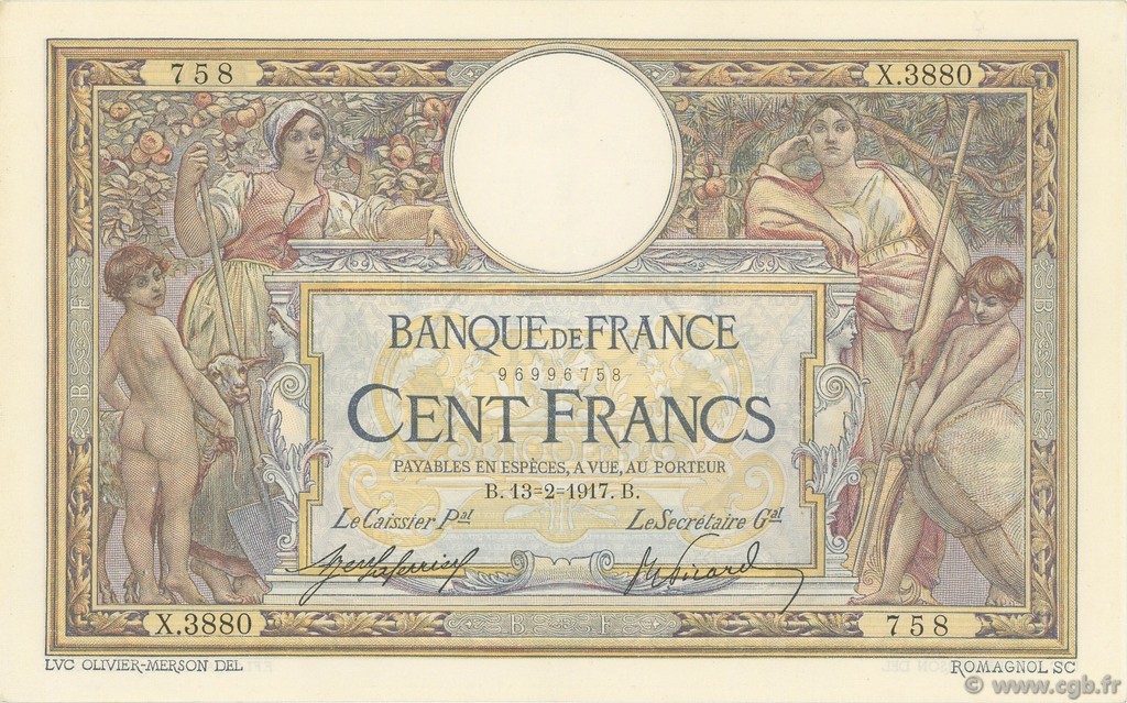 100 Francs LUC OLIVIER MERSON sans LOM FRANCIA  1917 F.23.09 q.SPL