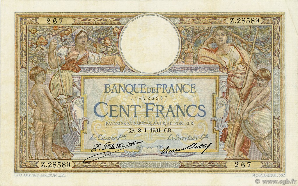 100 Francs LUC OLIVIER MERSON grands cartouches FRANCE  1931 F.24.10 XF-