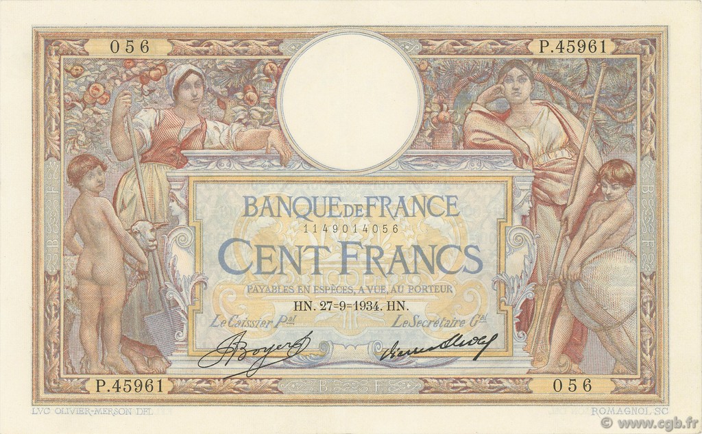 100 Francs LUC OLIVIER MERSON grands cartouches FRANCE  1934 F.24.13 XF-