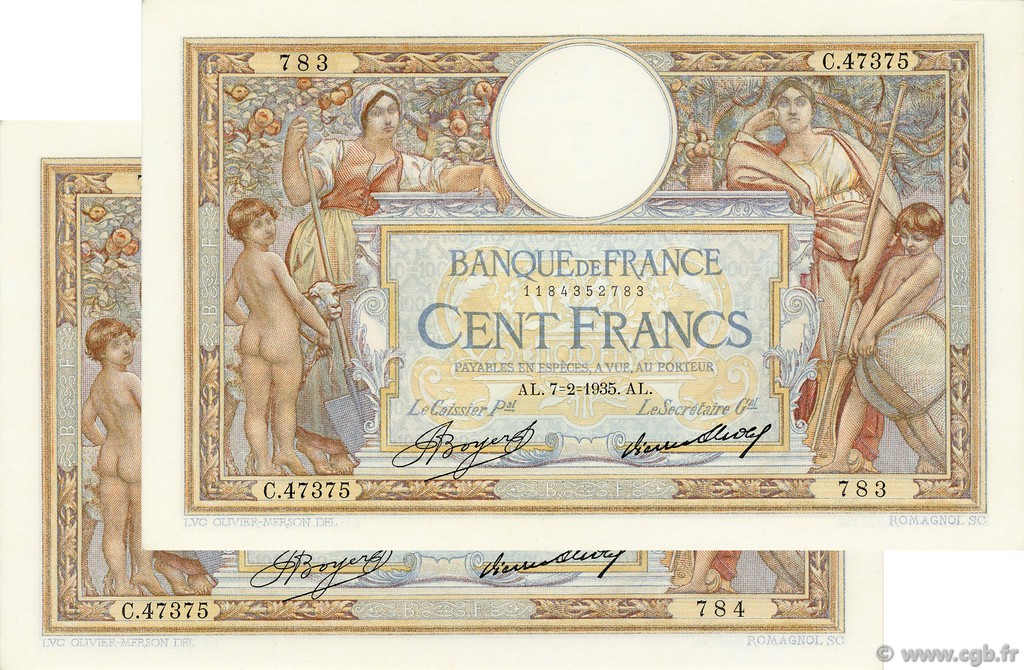 100 Francs LUC OLIVIER MERSON grands cartouches FRANCIA  1935 F.24.14 SPL a AU