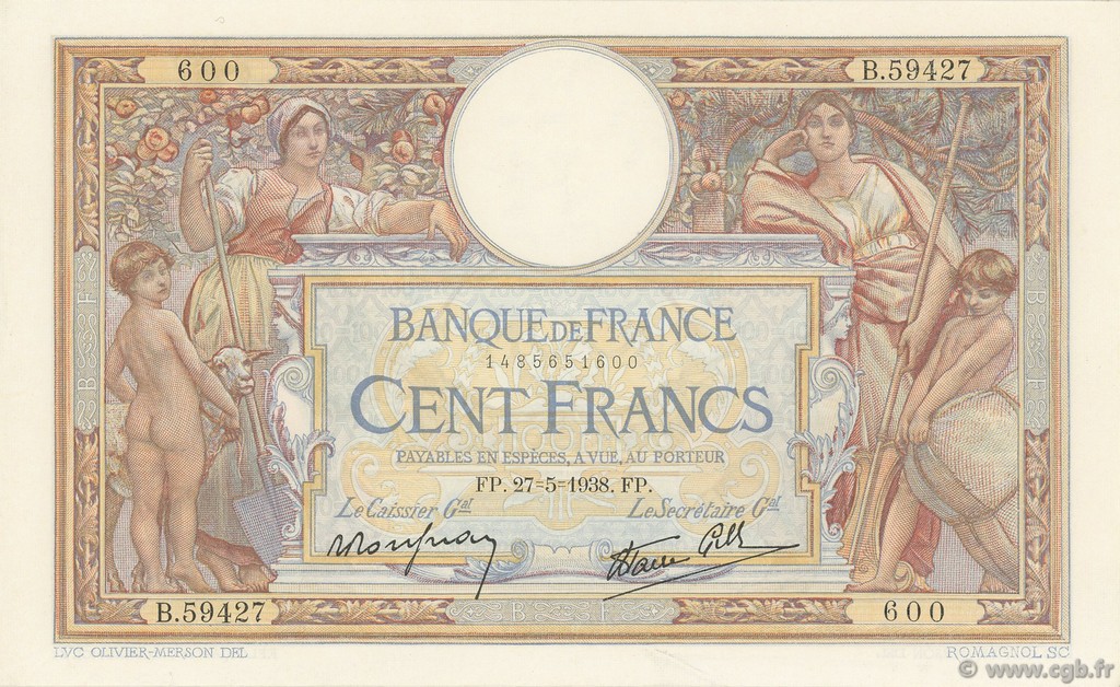 100 Francs LUC OLIVIER MERSON type modifié FRANCE  1938 F.25.20 XF