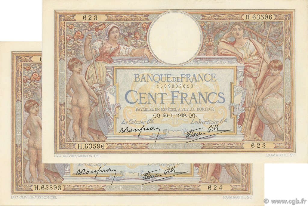 100 Francs LUC OLIVIER MERSON type modifié FRANKREICH  1939 F.25.40 VZ