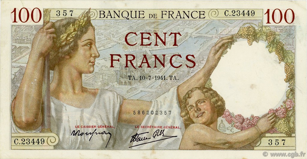 100 Francs SULLY FRANKREICH  1941 F.26.55 SS