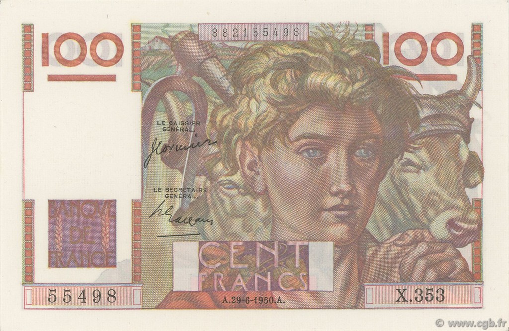 100 Francs JEUNE PAYSAN FRANCIA  1950 F.28.25 q.FDC