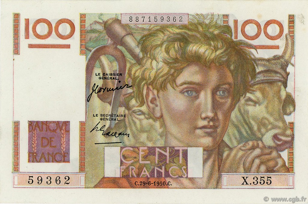 100 Francs JEUNE PAYSAN FRANCE  1950 F.28.25 AU
