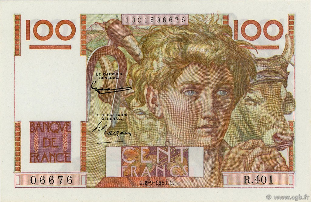 100 Francs JEUNE PAYSAN FRANKREICH  1951 F.28.29 ST
