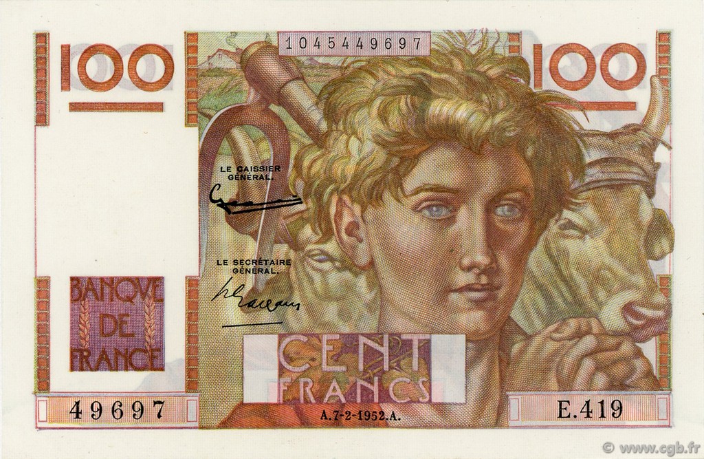 100 Francs JEUNE PAYSAN FRANCE  1952 F.28.31 UNC-