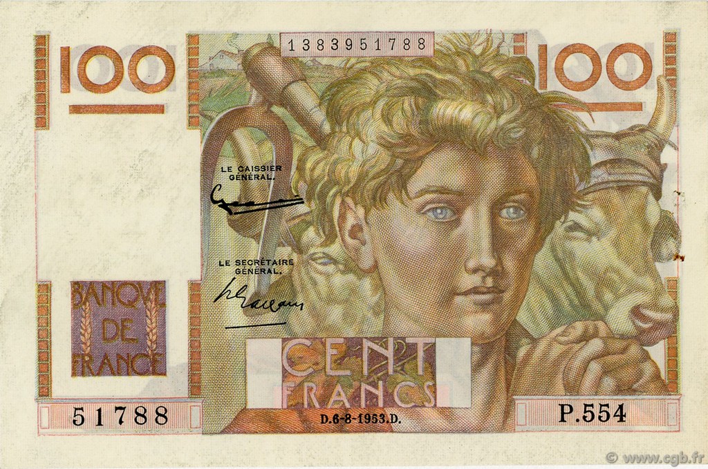 100 Francs JEUNE PAYSAN filigrane inversé FRANCIA  1953 F.28bis.02 BB to SPL