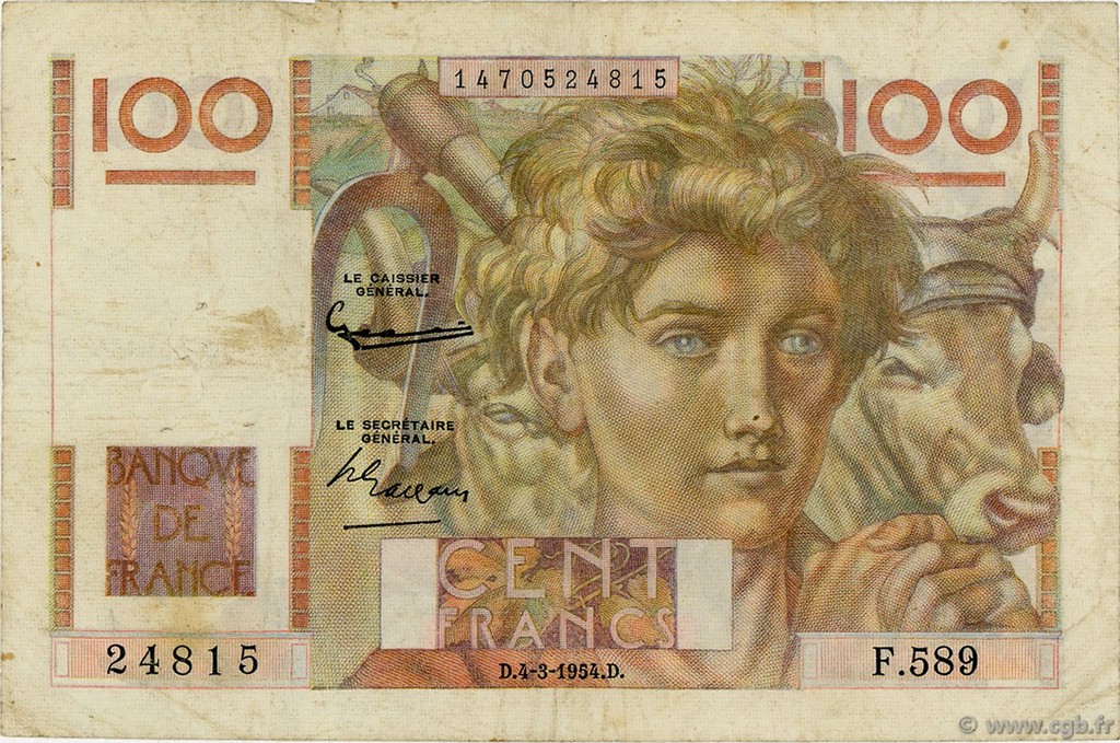 100 Francs JEUNE PAYSAN filigrane inversé FRANCIA  1954 F.28bis.05 RC+