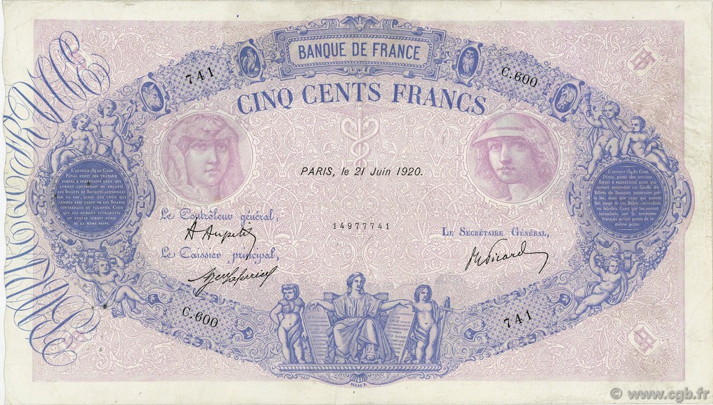 500 Francs BLEU ET ROSE FRANCIA  1920 F.30.24 MBC