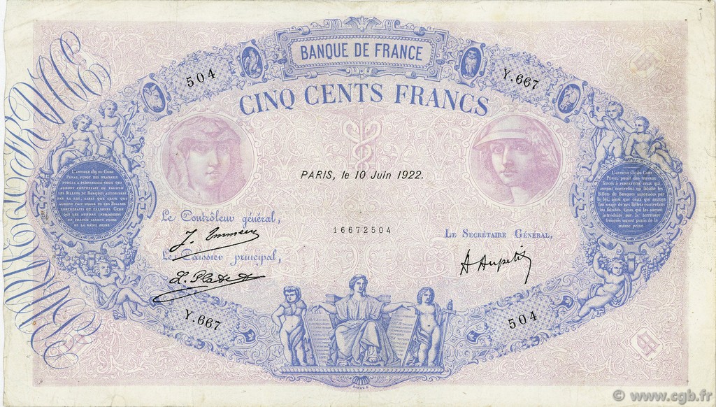 500 Francs BLEU ET ROSE FRANCE  1922 F.30.26 F+