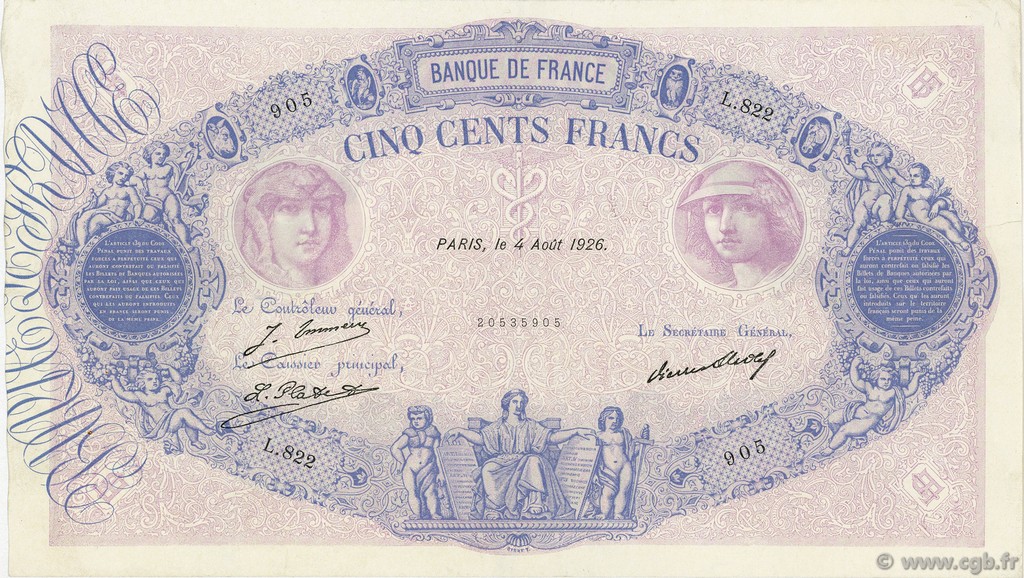 500 Francs BLEU ET ROSE FRANCE  1926 F.30.29 VF+