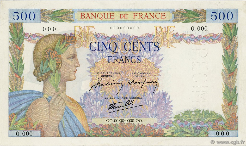 500 Francs LA PAIX FRANCE  1941 F.32.14Ed1 UNC-