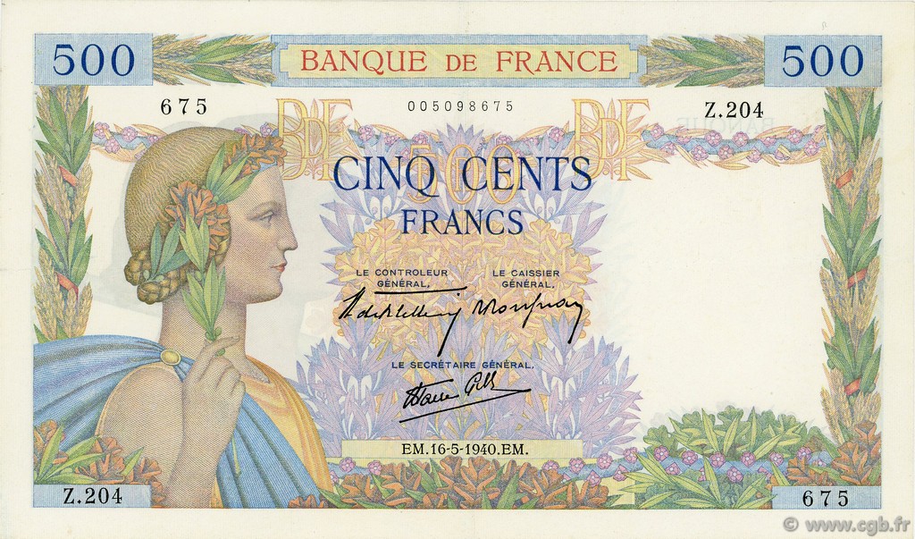 500 Francs LA PAIX FRANKREICH  1940 F.32.02 VZ