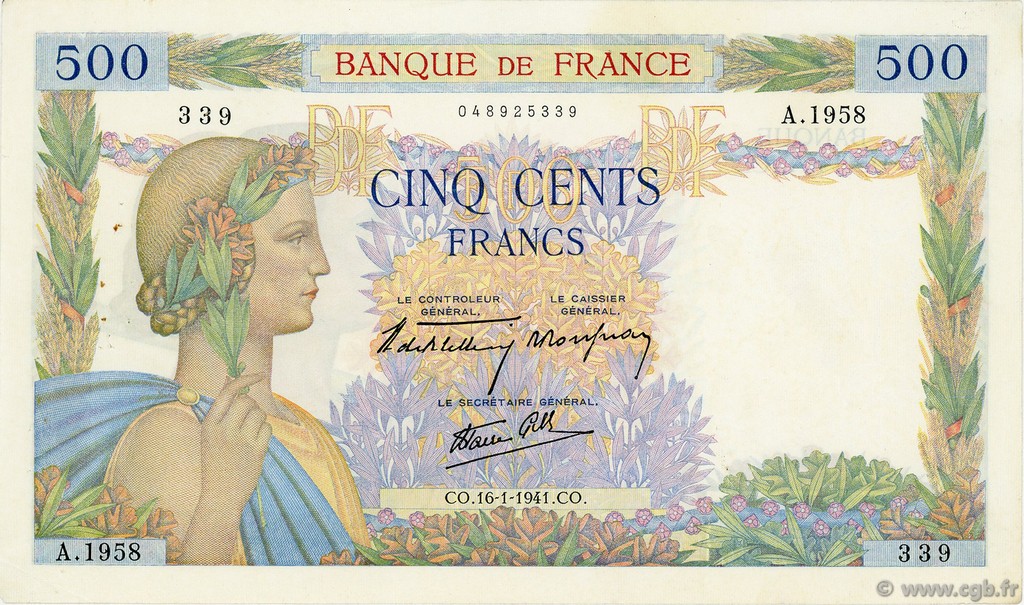 500 Francs LA PAIX FRANCIA  1941 F.32.13 BB