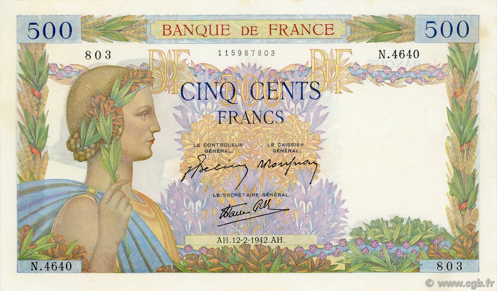 500 Francs LA PAIX FRANCIA  1942 F.32.29 AU