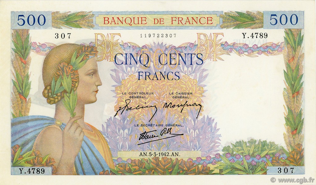 500 Francs LA PAIX FRANCIA  1942 F.32.30 MBC+