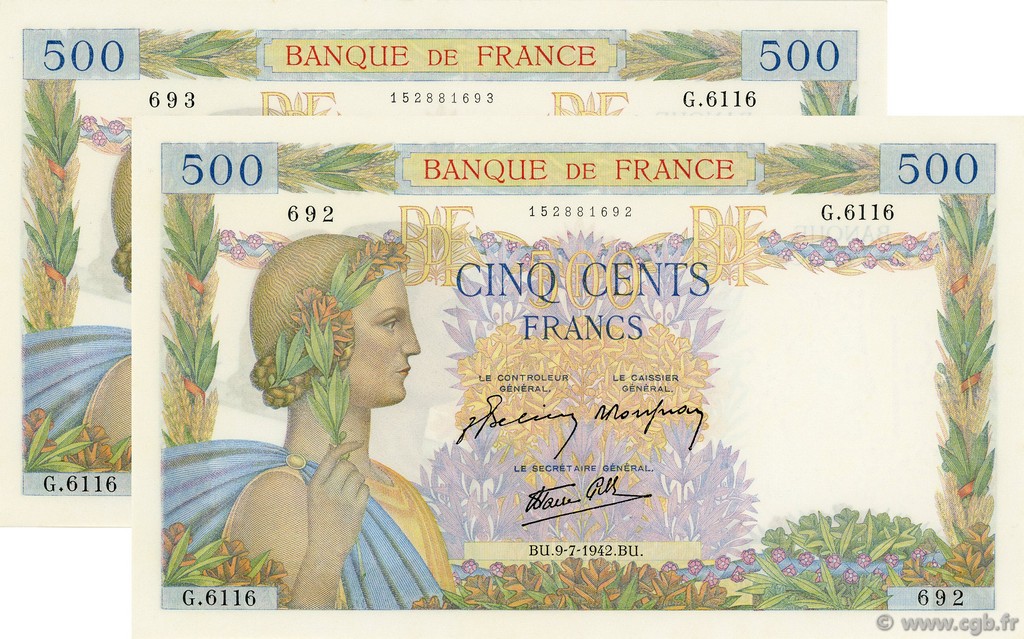 500 Francs LA PAIX FRANCIA  1942 F.32.36 q.FDC