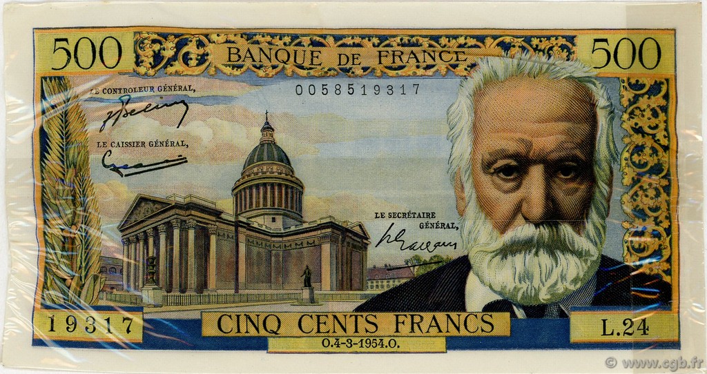 500 Francs VICTOR HUGO Publicitaire FRANCIA  1954 F.35.02 EBC a SC