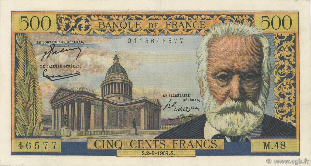 500 Francs VICTOR HUGO FRANKREICH  1954 F.35.03 fVZ