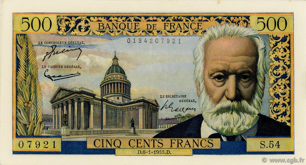 500 Francs VICTOR HUGO FRANCE  1955 F.35.04 XF