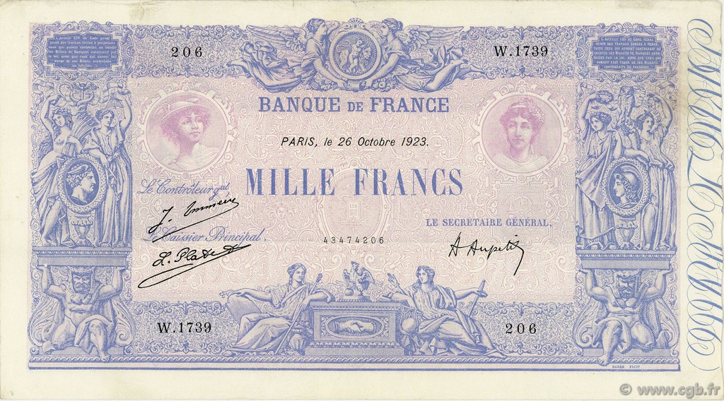 1000 Francs BLEU ET ROSE FRANCE  1923 F.36.39 VF