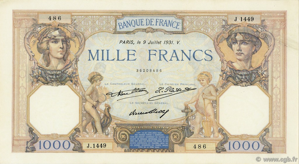 1000 Francs CÉRÈS ET MERCURE FRANCE  1931 F.37.06 XF