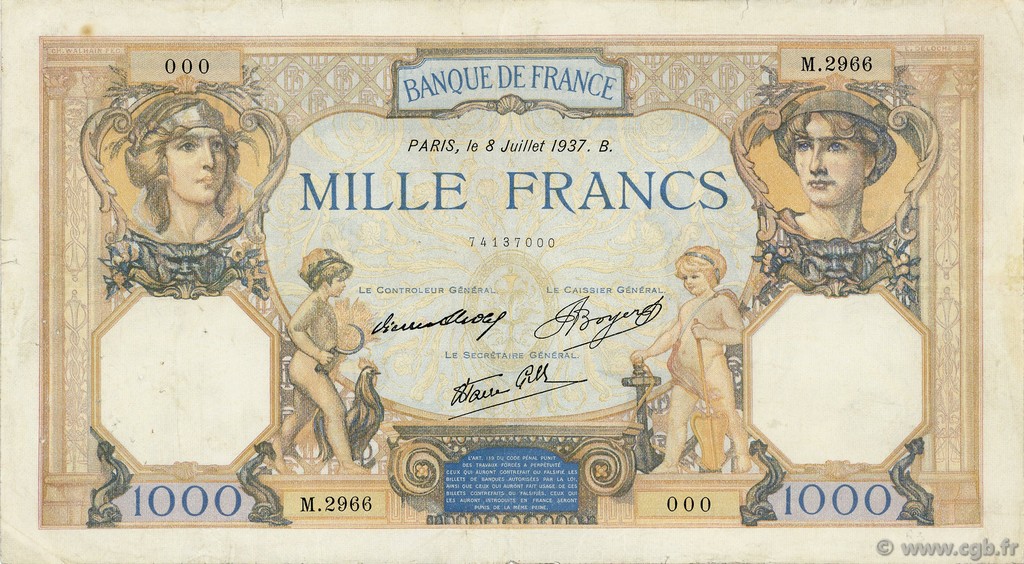 1000 Francs CÉRÈS ET MERCURE type modifié FRANCIA  1937 F.38.01 BC+