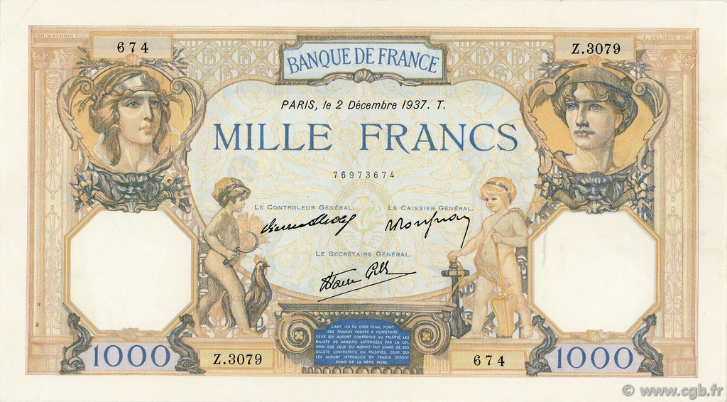 1000 Francs CÉRÈS ET MERCURE type modifié FRANCIA  1937 F.38.05 q.SPL