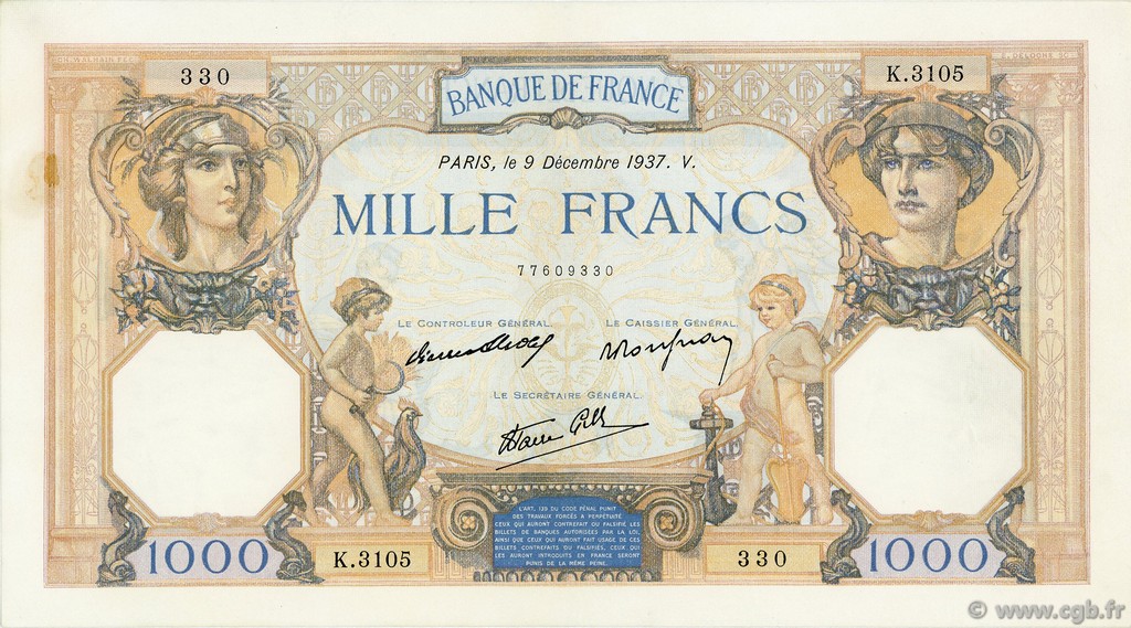1000 Francs CÉRÈS ET MERCURE type modifié FRANKREICH  1937 F.38.06 VZ+