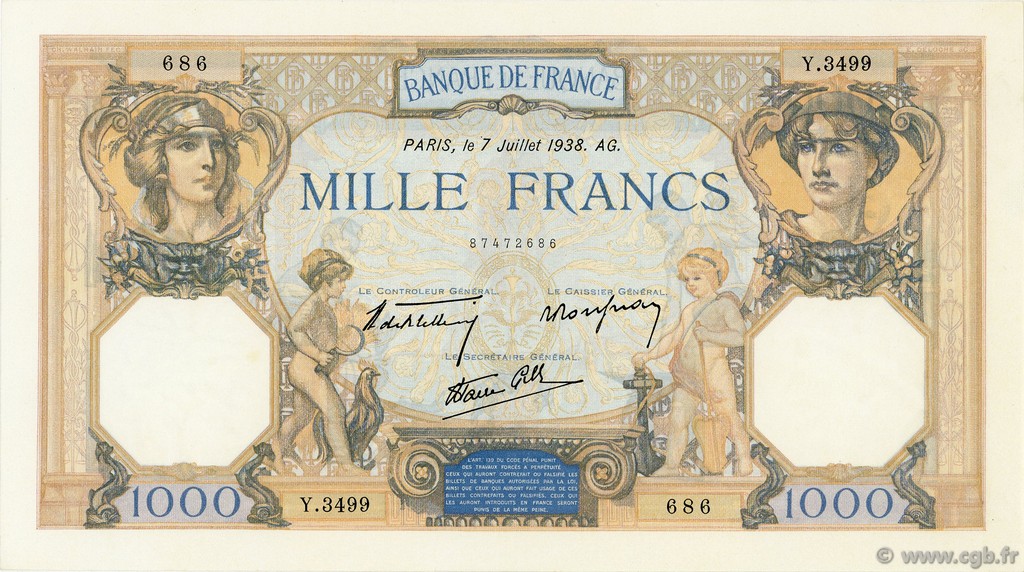 1000 Francs CÉRÈS ET MERCURE type modifié FRANCE  1938 F.38.22 XF - AU