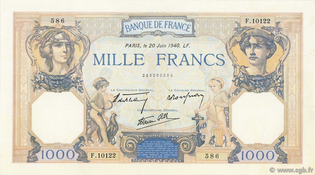 1000 Francs CÉRÈS ET MERCURE type modifié FRANCE  1940 F.38.49 VF+